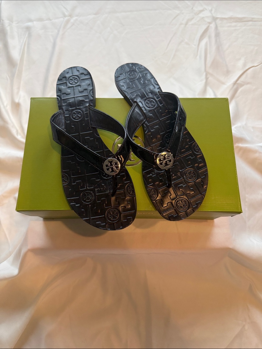 Tory Burch Black Logo Thong Flip Sandals with Gold Emblem